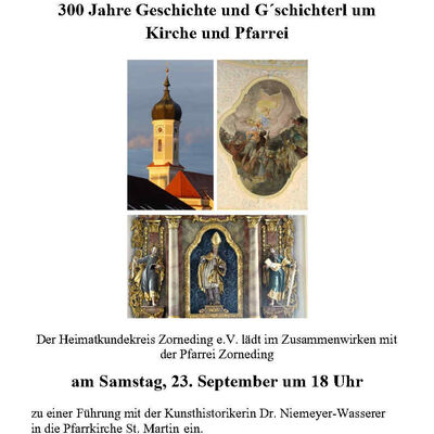 Plakat zur Kirchenführung und zum Vortrag mit einem historischen Bild von Zorneding (Kirche, Felder im Vordergrund ein Bauer mit Kind und Ochsenpflug) sowie Bilder von der Kirche von Außen und Innen.