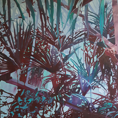 Gemälde "Flora" - Palmpflanzen in Braun- und Grüntönen. 