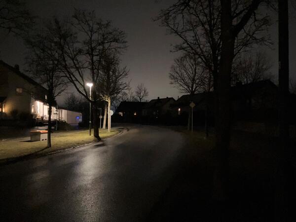 Das Foto zeigt die Lärchenstraße mit ausgefallenen Lampen auf der rechten Seite und funktionierenden Lampen auf der rechten Seite. 