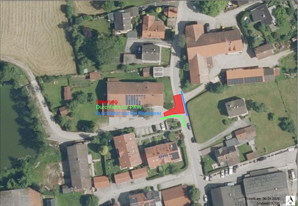 Plan an welchen Stellen in Ingelsberg die Stra�e gesperrt ist und wo sie f�r Fu�g�nger und Radfahrer freigebeben ist.