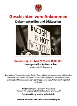 Plakat zu dem Abend "Geschichten vom Ankommen" mit einem Bild auf dem ein Schild "Racisim is not patriotism" zu sehen ist.