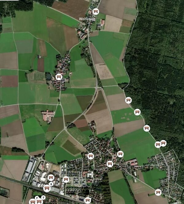 Plan in dem die Standorte der Sitzb�nke bzw. Ruheb�nke in Wolfesing, Ingelsberg und P�ring eingeseichnet sind.