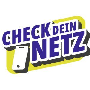 Logo mit blau-wei�er Schrift in Gro�buchstaben CHECK DEIN NETZ einem stilisierten Handy auf hellgr�nem Hintergrund