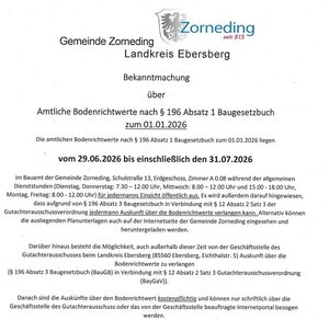 Foto der amtlichen Bekanntmachung zu den Bodenrichtwerten mit dem Logo der Gemeinde