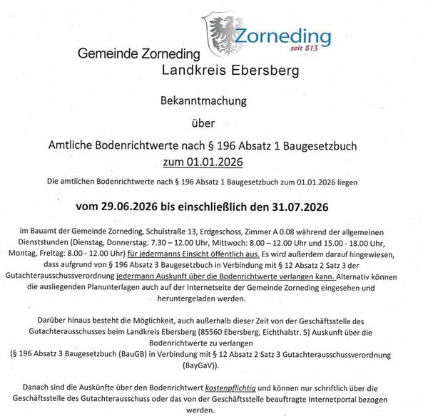 Foto der amtlichen Bekanntmachung zu den Bodenrichtwerten mit dem Logo der Gemeinde