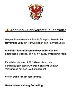 Ver�ffentlichung Homepage Fahrradparkverbot am Bahnhofsvorplatz
