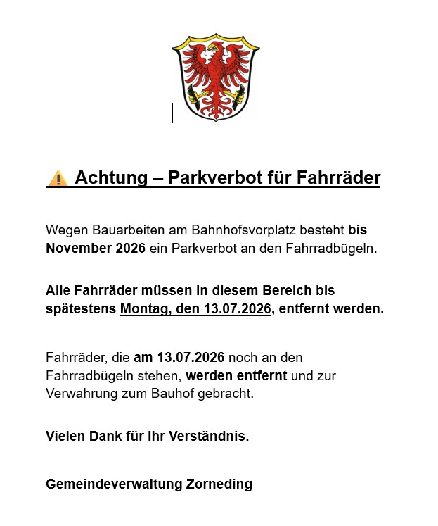 Ver�ffentlichung Homepage Fahrradparkverbot am Bahnhofsvorplatz