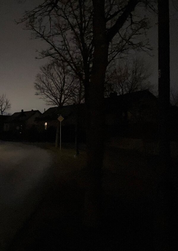 Symbolbild f�r ausgefallene Stra�enlampen - man sieht nur eine Stra�e  B�ume im Halbduckeln und ein leicht beleuchtetes Fenster.