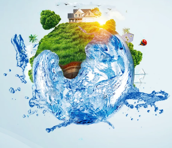 Abbildung einer Erdkugel mit spritzendem Wasser einem Baum, Wiese, einem gro�en Haus mit V�geln dar�ber, eine weiteres Haus mit B�umen, Masten und einem bunten fligenden Hei�luftballon 