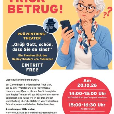 Das Plakat zeigt eine �ltere Dame, die einen Anruf von einem Betr�ger auf ihr Handy bekommen hat, daneben stehen die Daten f�r das Theaterst�ck mit vorhergehendem Kaffeetrinken