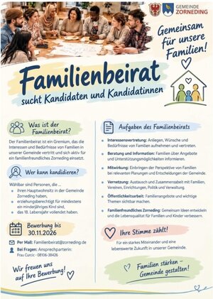 Plakat zum Familienbeirat mit bunter Gestaltung, Wappen von Zorneding und P�ring und einem Foto mit Erwachsenen aus verschiedenen Kulturkreisen, die an einem Tisch sitzen und beraten.