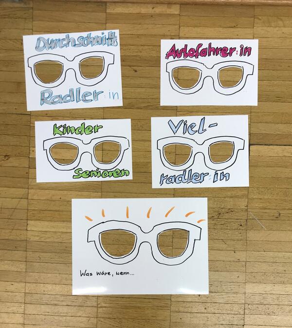 Brillen mit der Aufschrift "Durchschnittsradler/in", "Autofaher/in", "Kinder", "Senioren", "Vielradler/in" und "Was wäre, wenn..."