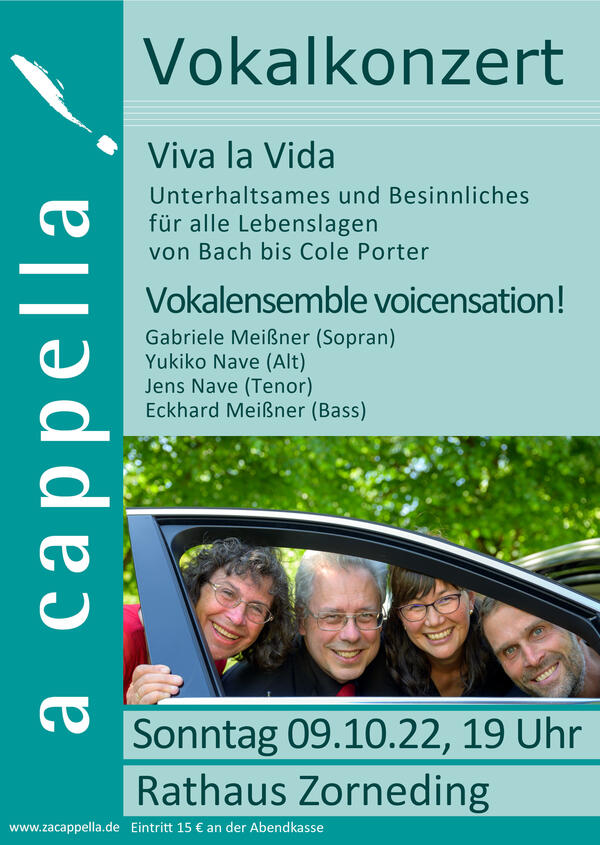 Plakat zum Rathauskonzert mit Foto der 4 Mitglieder des Vokalensembles Voicensation!