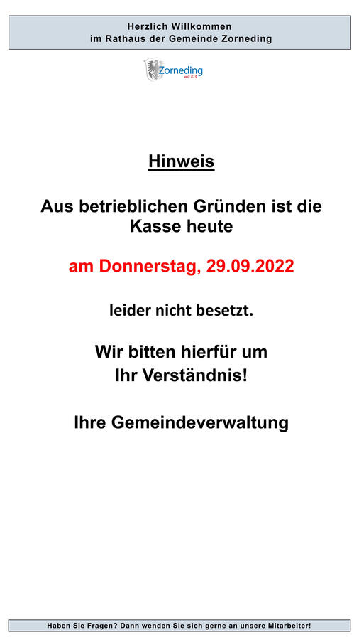 Bild des Aushangs mit dem Text, dass die Kasse am 29.09.2022 nicht besetzt ist. 